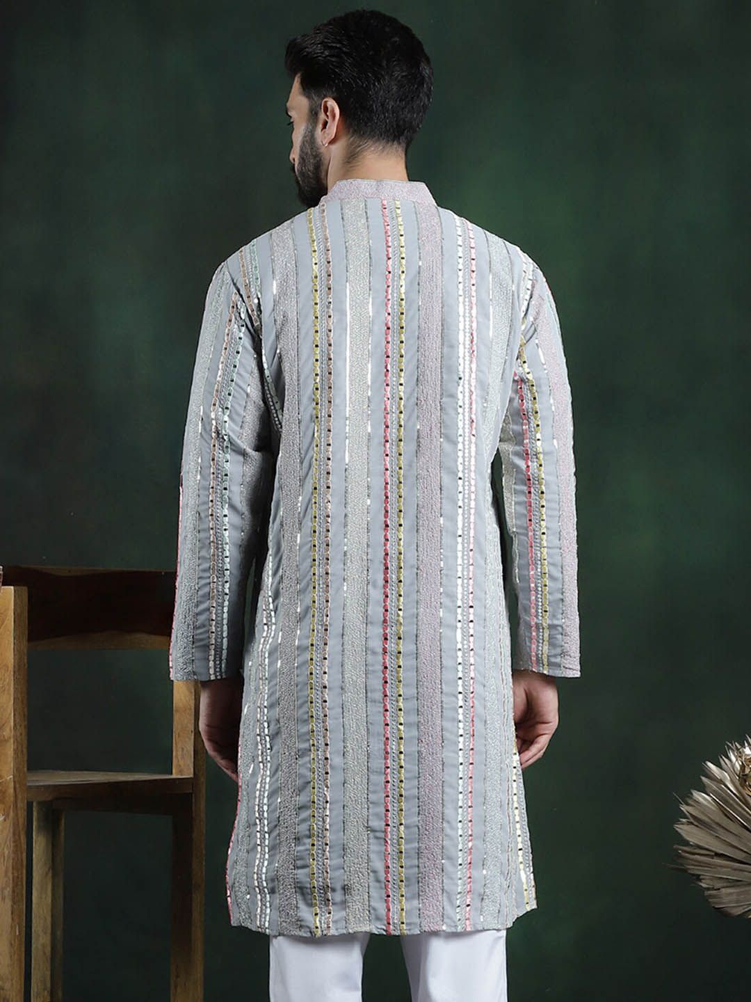 SOJANYA LUXE Striped Mandarin Collar sequinned mirror embroidered Georgette A-Line Kurta