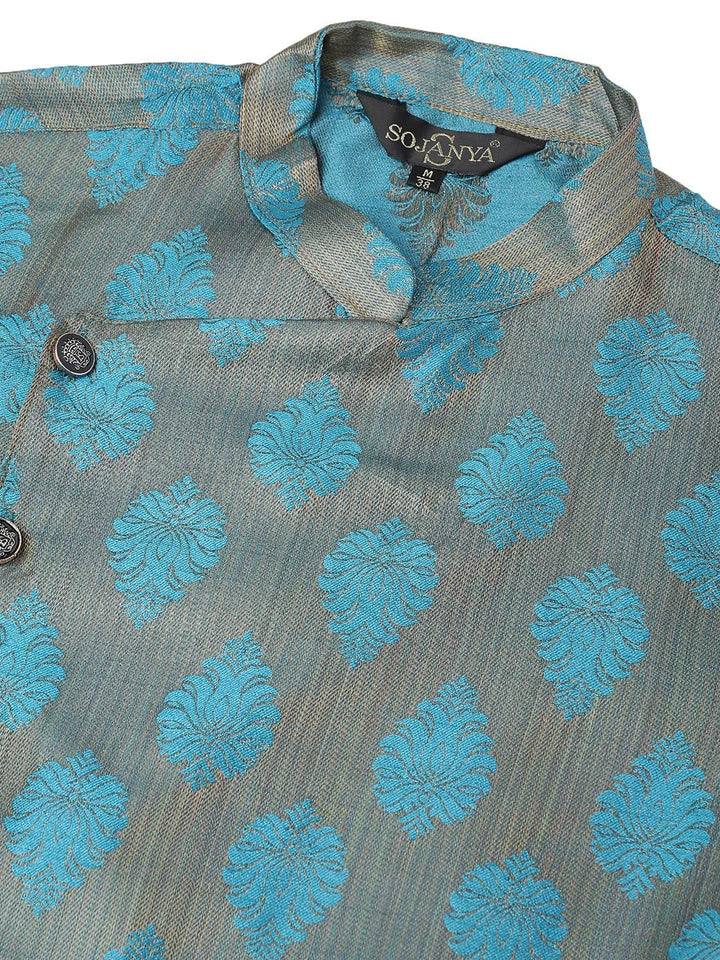 SOJANYA Woven Design Mandarin Collar Silk Cotton Angrakha Kurta