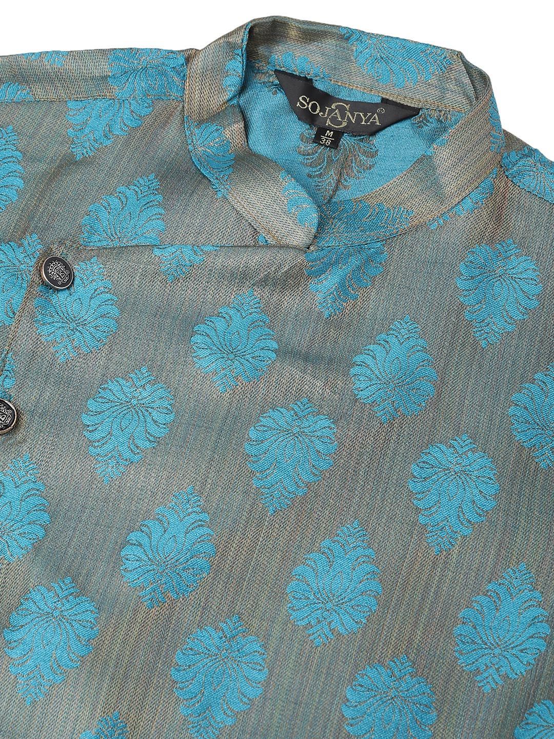 SOJANYA Woven Design Mandarin Collar Silk Cotton Angrakha Kurta