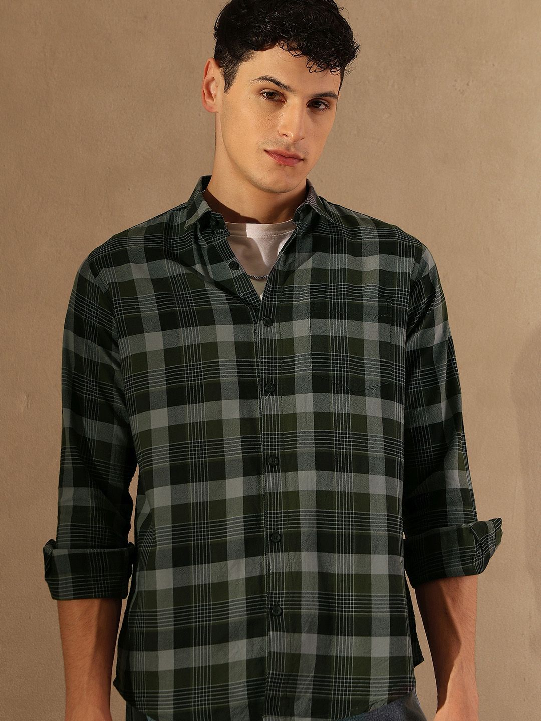 DENNISON Smart Tartan Checked Spread Collar Casual Shirt