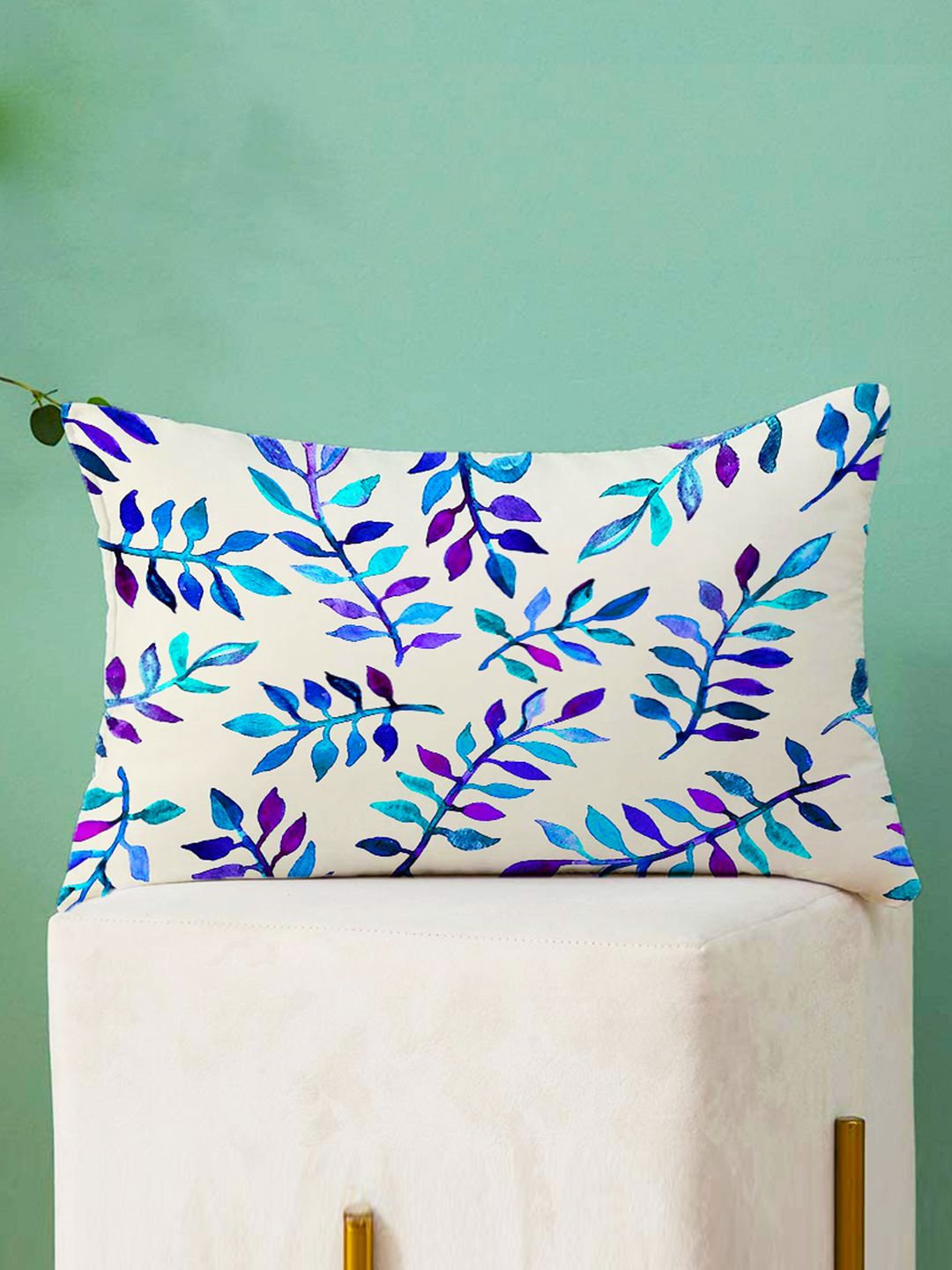STITCHNEST Set Of 2 Blue & Beige Floral Printed Rectangle Cushion Covers