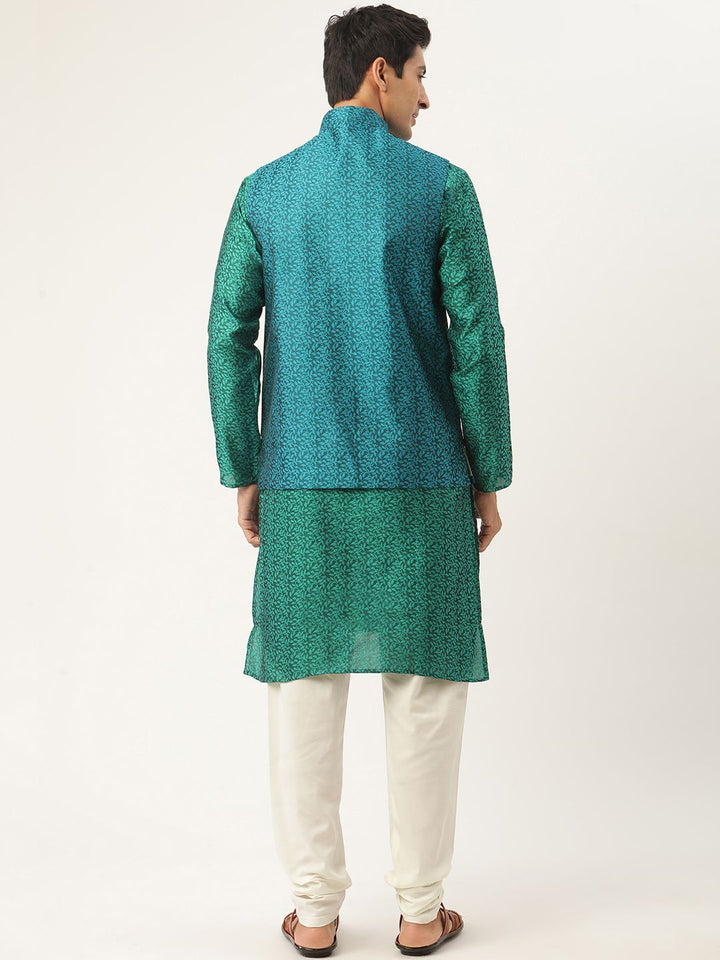 SOJANYA Men Green & Teal Blue Woven Design Kurta with Churidar & Nehru Jacket