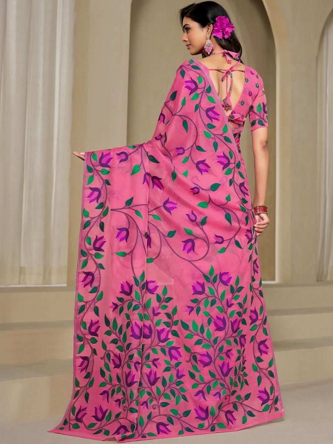 KALINI Pink Pure Cotton Woven Design Sarees