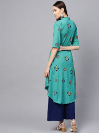 SOJANYA Women Sea Green & Yellow Printed A-Line Kurta