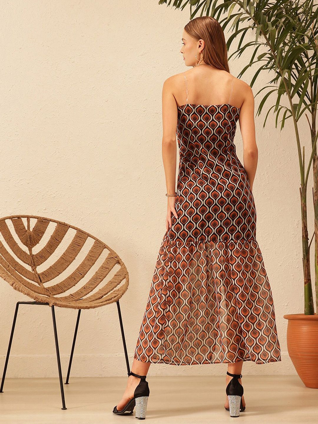 STREET 9 Ethnic Motifs Printed Off-Shoulder Georgette A-Line Midi Dress