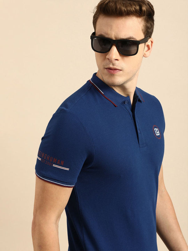 Being Human Men Blue Polo Collar T-shirt With Printed Detailing