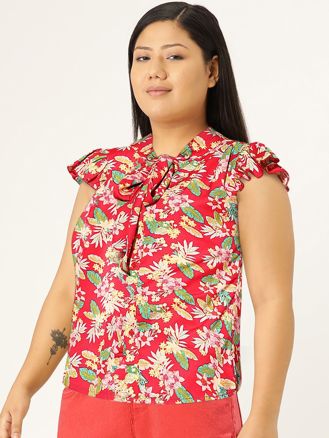 Berrylush Women Floral Print Tie-Up Neck Ruffles Crepe Top
