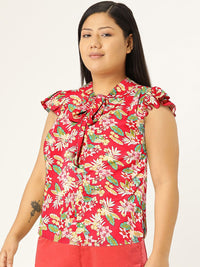 Berrylush Women Floral Print Tie-Up Neck Ruffles Crepe Top