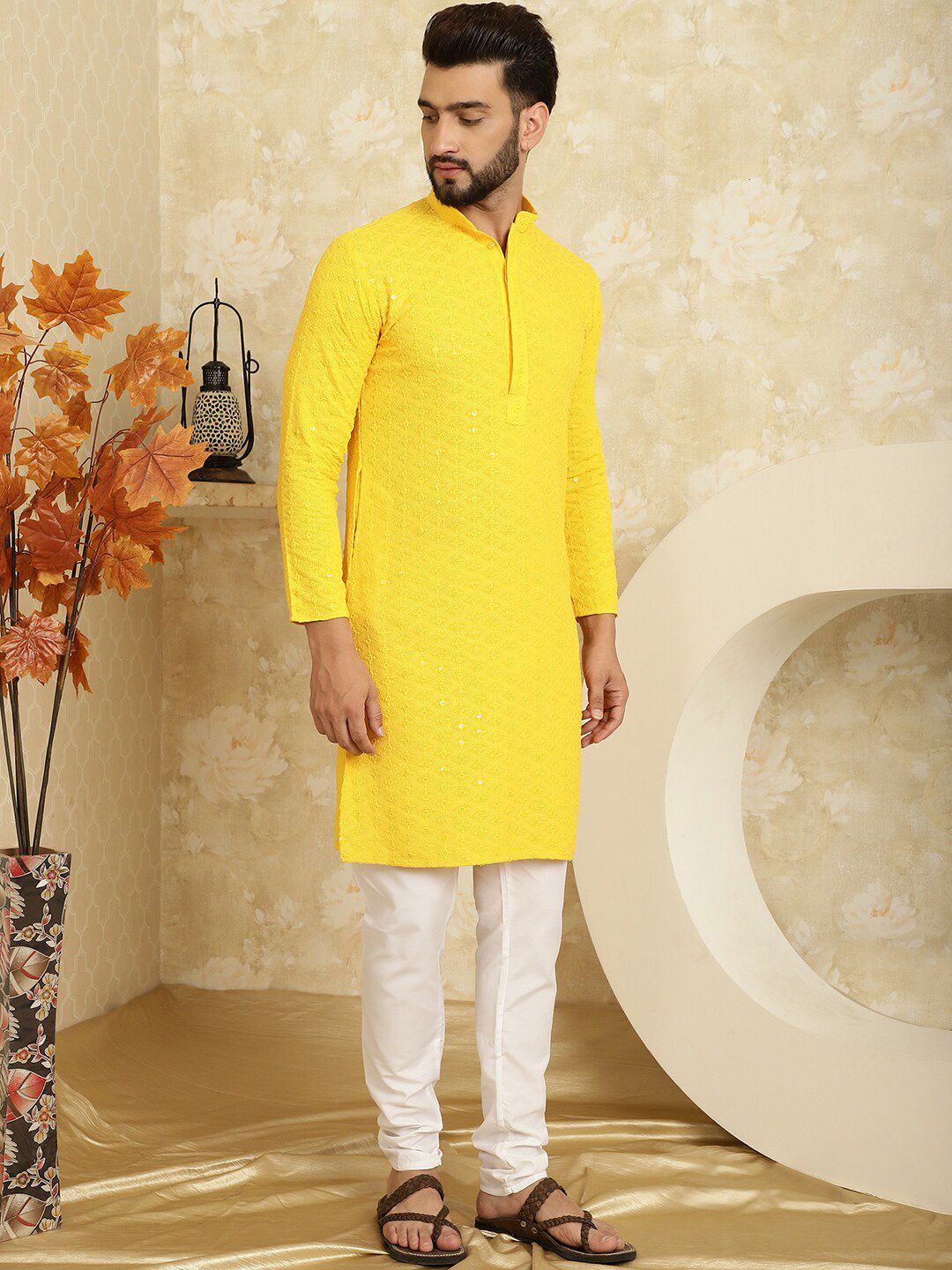 SOJANYA Ethnic Motifs Embroidered Sequined Pure Cotton Kurta with Churidar