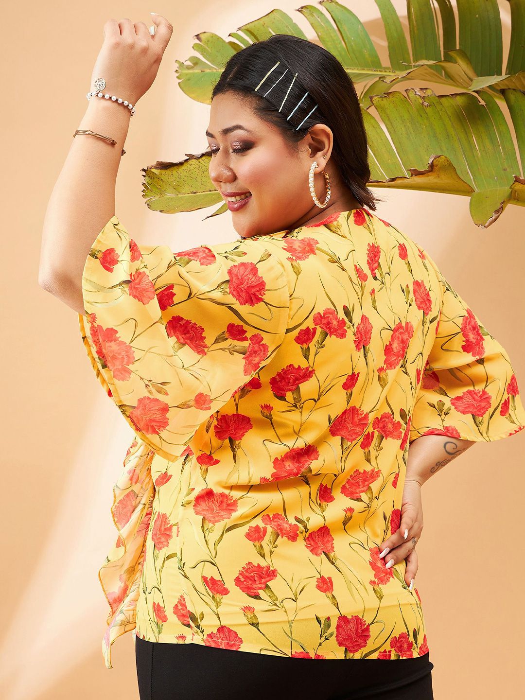 SASSAFRAS Curve Floral Printed Tie-Up Neck Ruffles Top