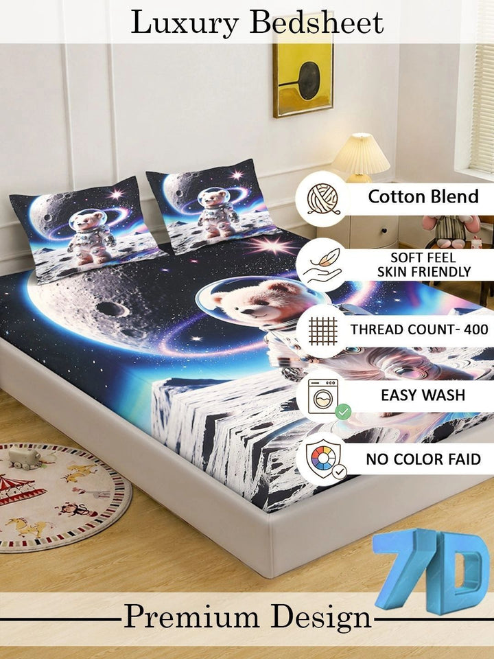 KLOTTHE Blue & Black Cartoon Characters 400 TC King Bedsheet with 2 Pillow Covers