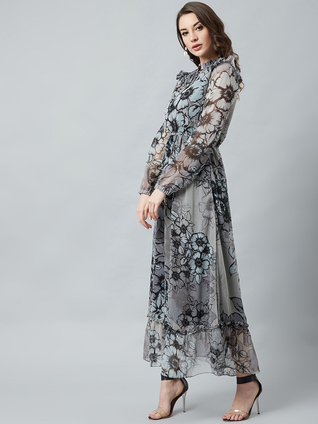 Athena Grey & Black Floral Printed Maxi Dress
