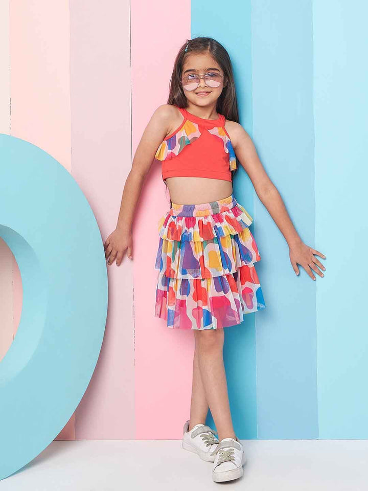 pspeaches Girls Round Neck Ruffled Top with Skirt