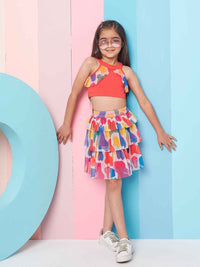 pspeaches Girls Round Neck Ruffled Top with Skirt