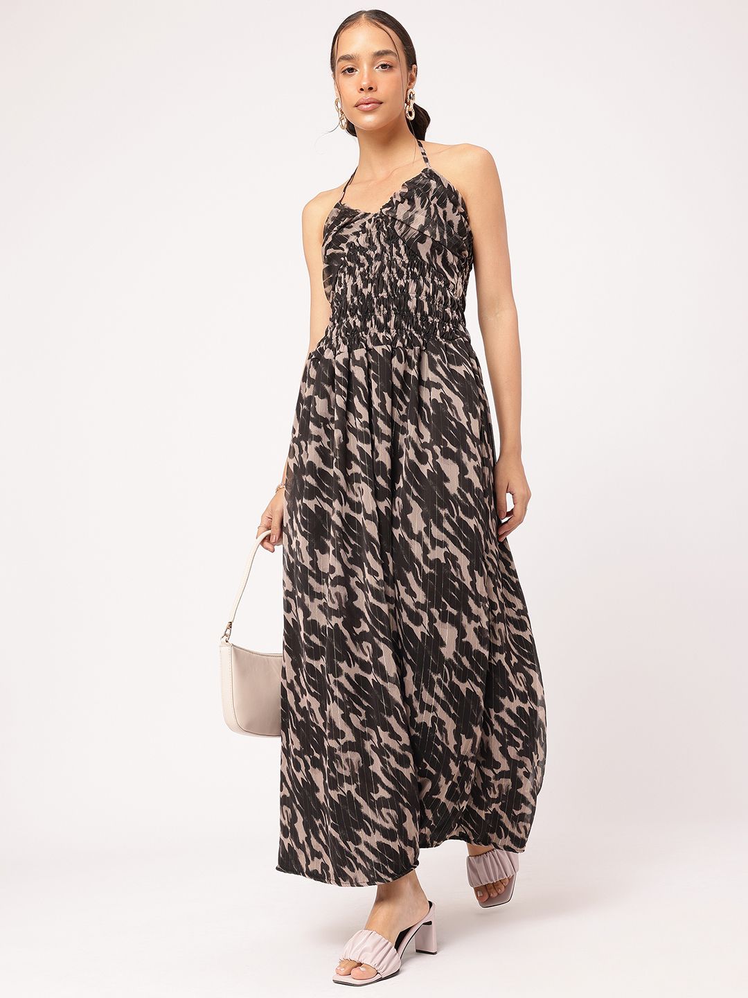 DressBerry Retro Vibes Animal Print Halter Neck Smocked Maxi Dress