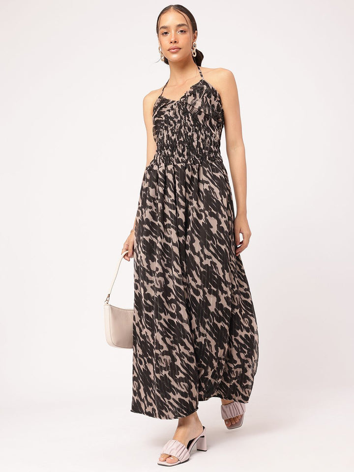 DressBerry Retro Vibes Animal Print Halter Neck Smocked Maxi Dress