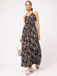 DressBerry Retro Vibes Animal Print Halter Neck Smocked Maxi Dress