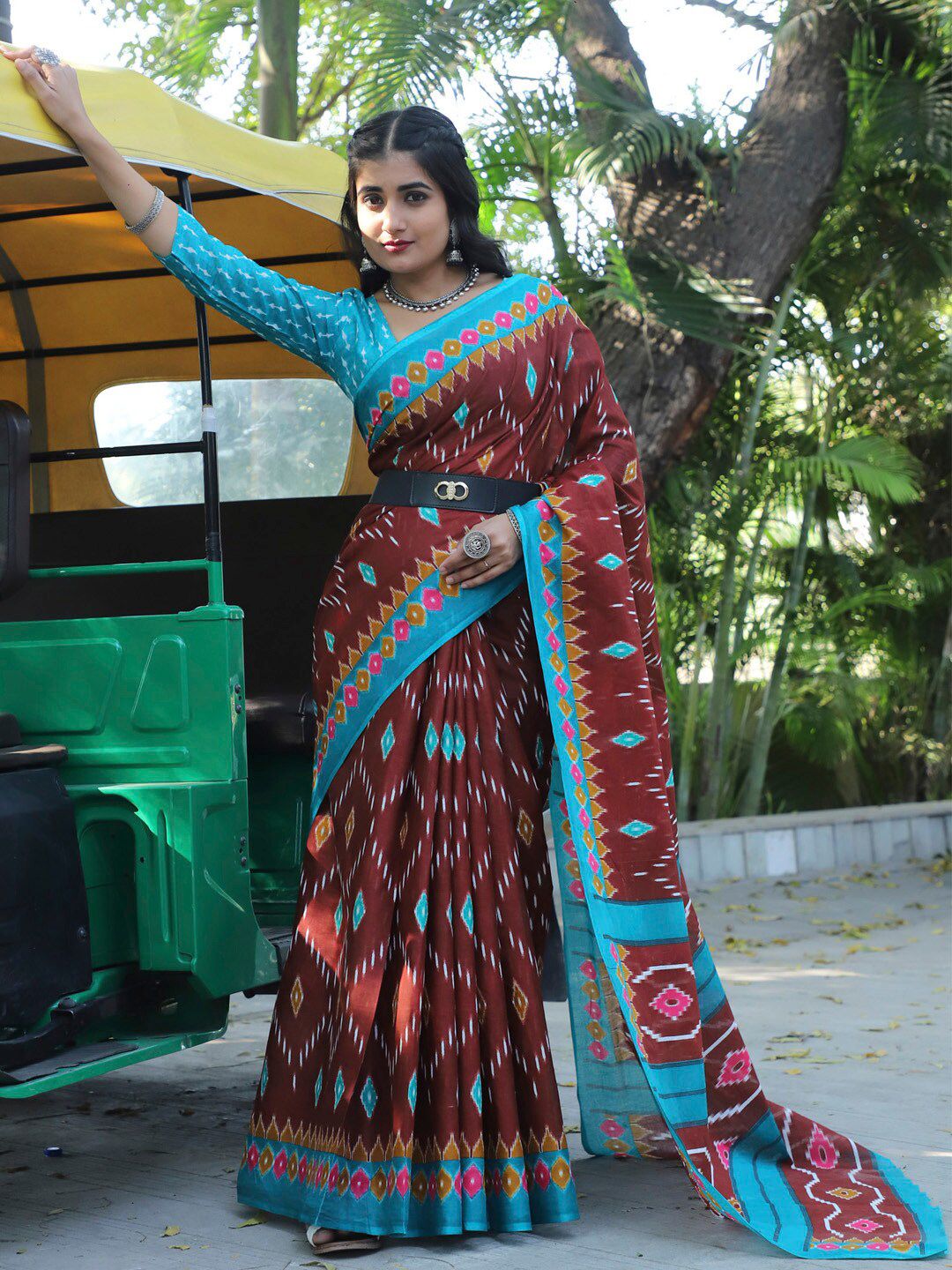 Saree mall Brown Ethnic Motifs Poly Cotton Ikat Sarees