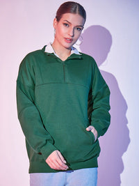 STREET 9 Green Typography Printed Mock Collar Pullover Fleece Sweatshirt