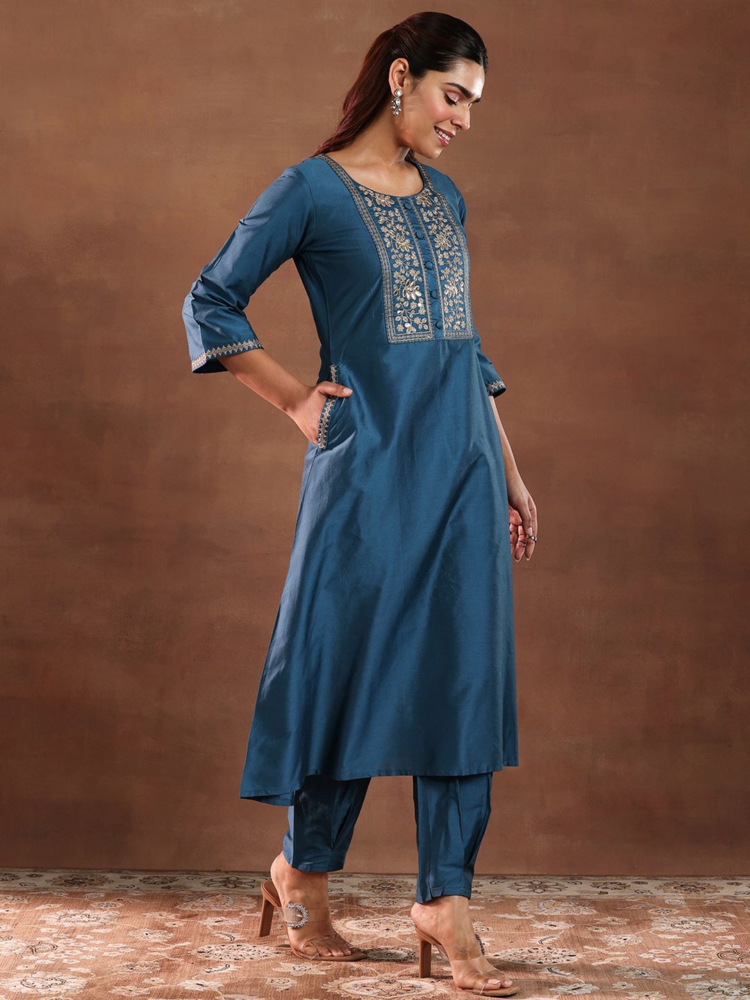 Libas Floral Yoke Design Sequinned Straight Kurta With Trouser