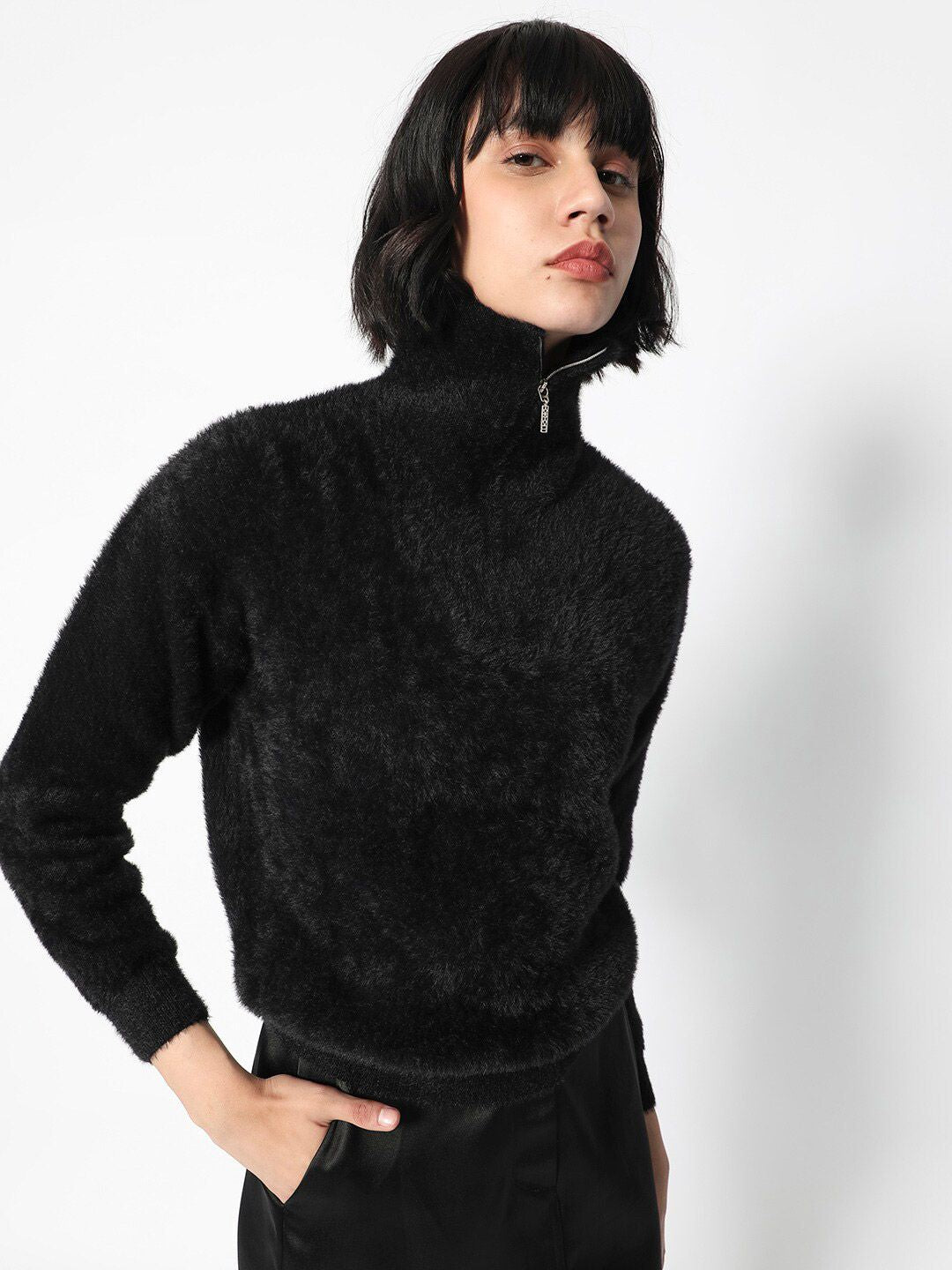 RAREISM Henley Neck Faux Fur Pullover