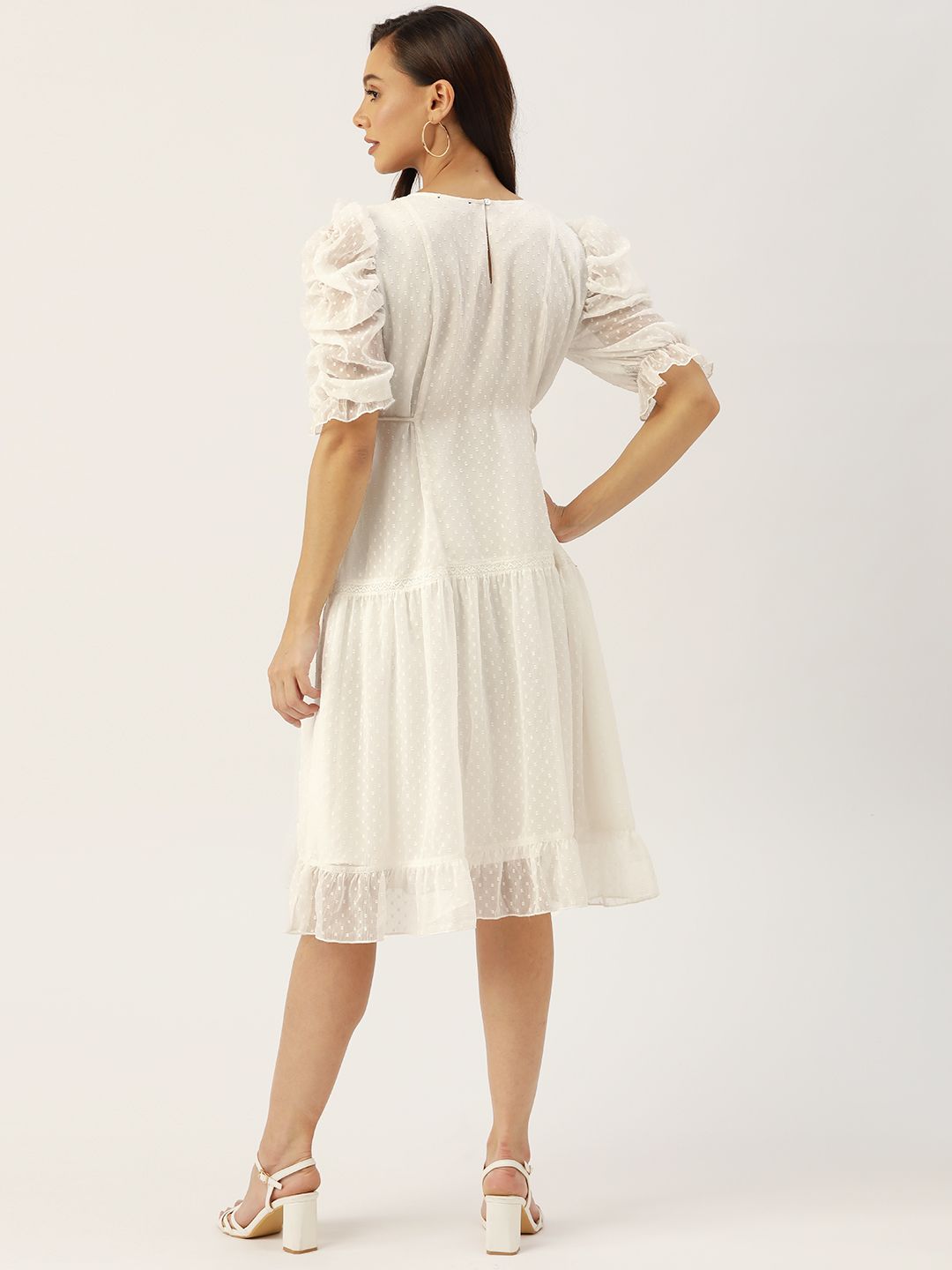 Antheaa White Floral Chiffon Embroidered Laced A-Line Dress