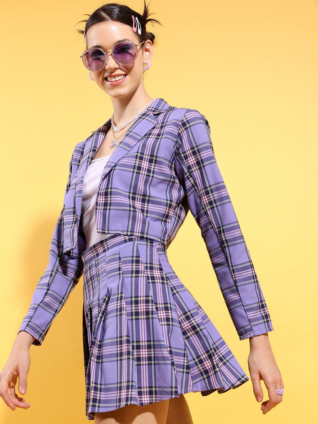 Tokyo Talkies Checked Blazer With Pleated Skirt