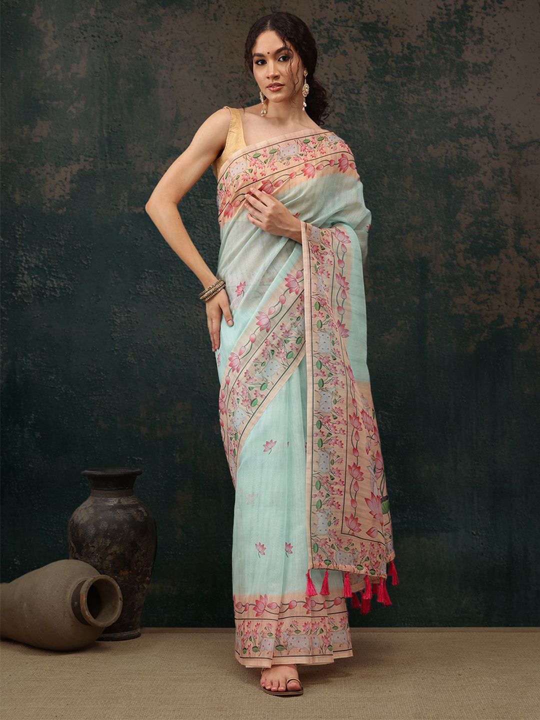 Floral Chanderi Saree With Tassels
