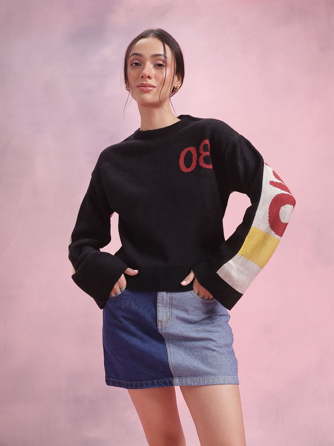DressBerry Typography Colourblocked Flared Sleeve Pullover