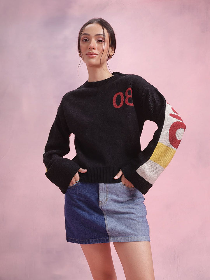 DressBerry Typography Colourblocked Flared Sleeve Pullover