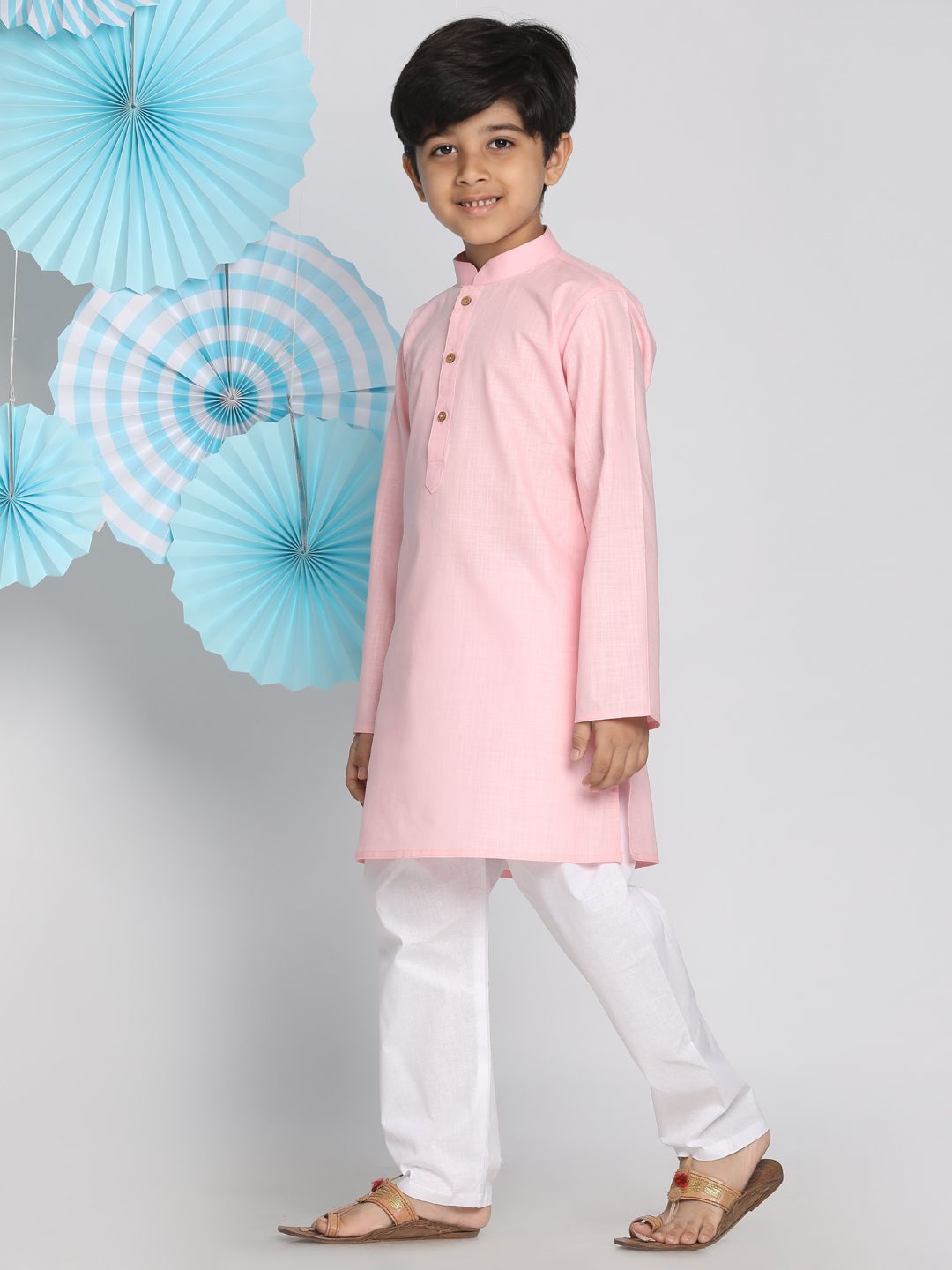 VASTRAMAY Boys Pink & White Solid Kurta with Pyjamas