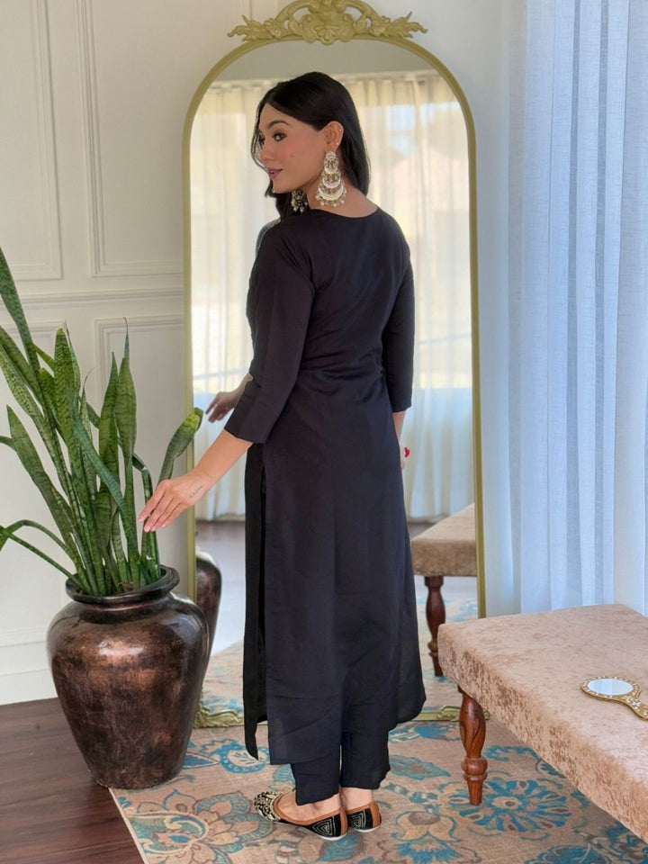 KALINI Floral Embroidered Sequinned Straight Kurta With Trousers & Dupatta