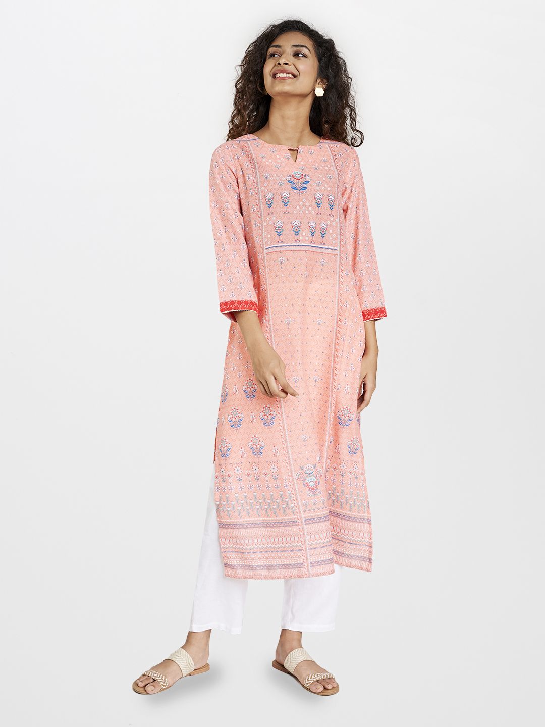 Global Desi Women Peach-Coloured & Blue Ethnic Motifs Printed Keyhole Neck Kurta