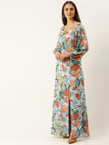 Berrylush Women Blue & Orange Printed Maxi Dress with High Slit Detail