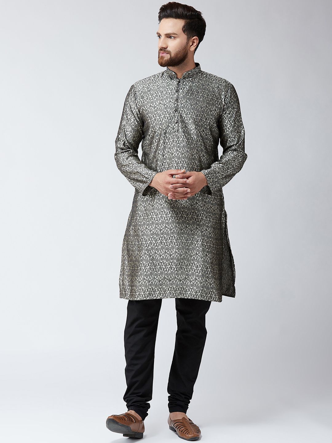 SOJANYA Men Off-White & Black Woven Design Straight Kurta