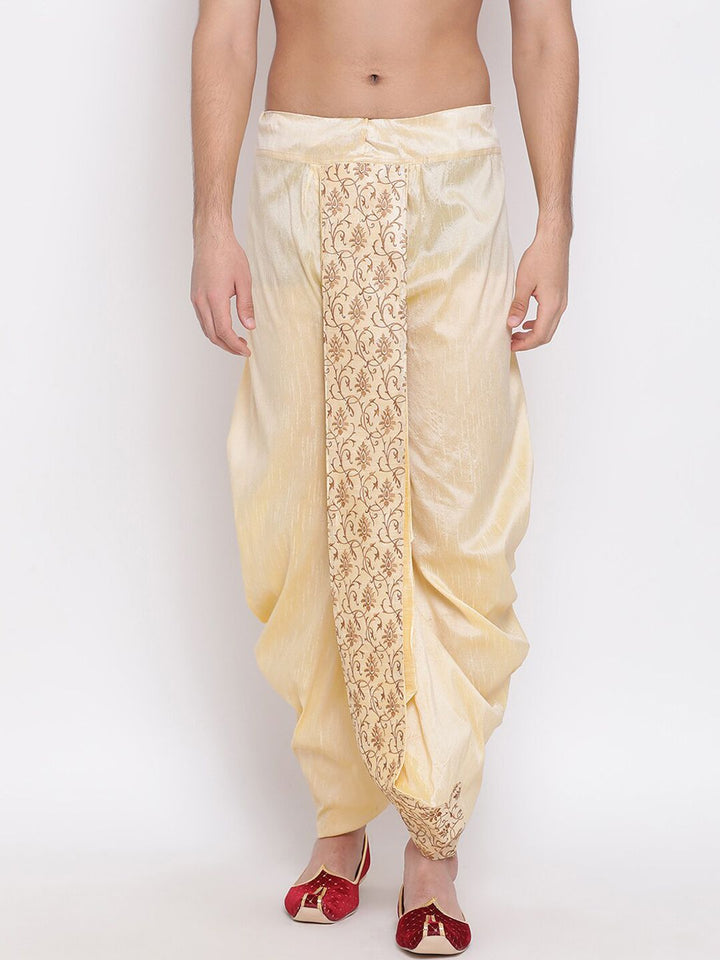 VASTRAMAY Men Beige & Gold-Coloured Embroidered Silk Dhoti
