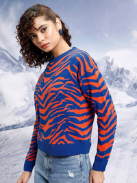 Tokyo Talkies Blue & Orange Animal Printed Acrylic Pullover Sweaters