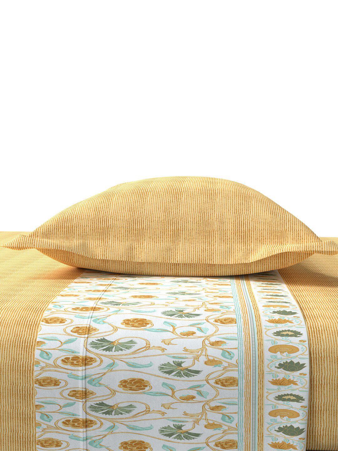 MYTRIDENT Block Print Mastard Sanskriti Flat 144TC King Cotton Bedsheet Set