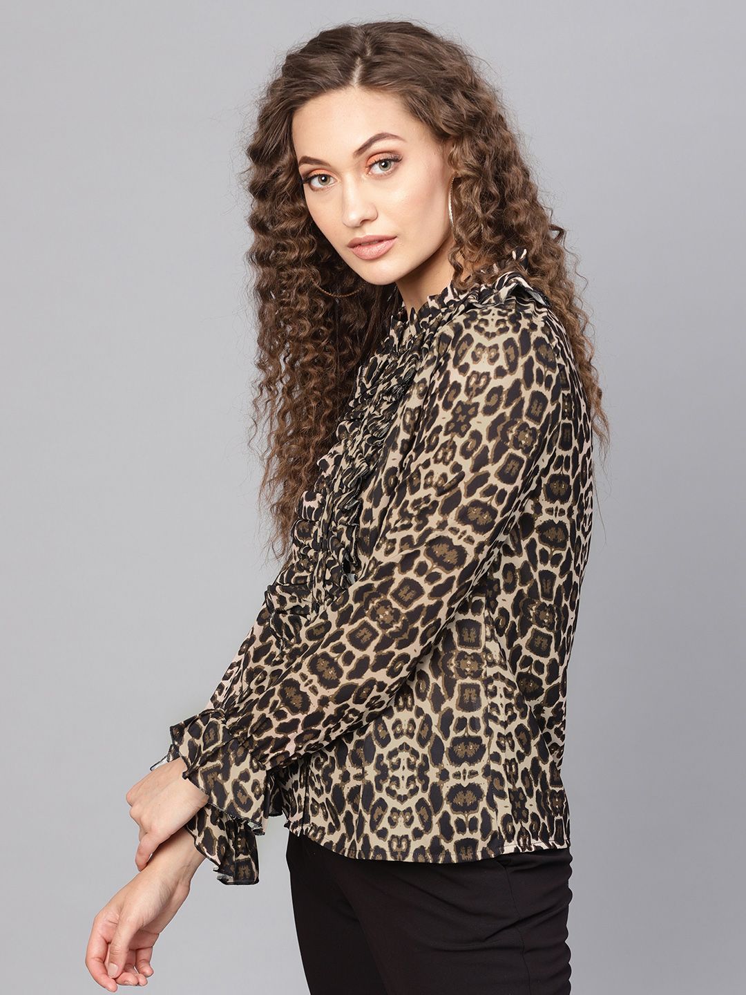 SASSAFRAS Beige & Black Animal Print Shirt Style Top