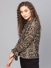 SASSAFRAS Beige & Black Animal Print Shirt Style Top