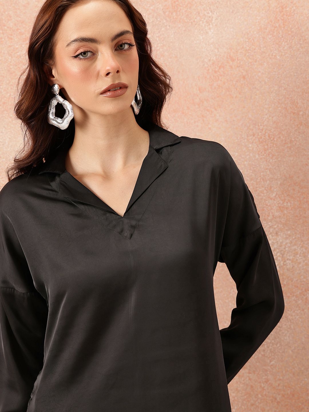 all about you Notched Lapel Collar Drop-Sleeves Satin Straight Kurta with Palazzos
