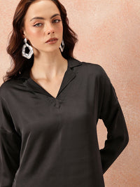 all about you Notched Lapel Collar Drop-Sleeves Satin Straight Kurta with Palazzos