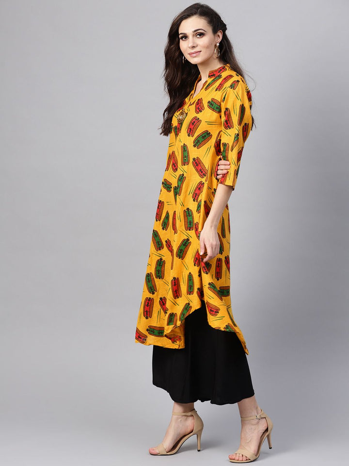 SOJANYA Kurta A-Line Bercetak Kuning & Merah