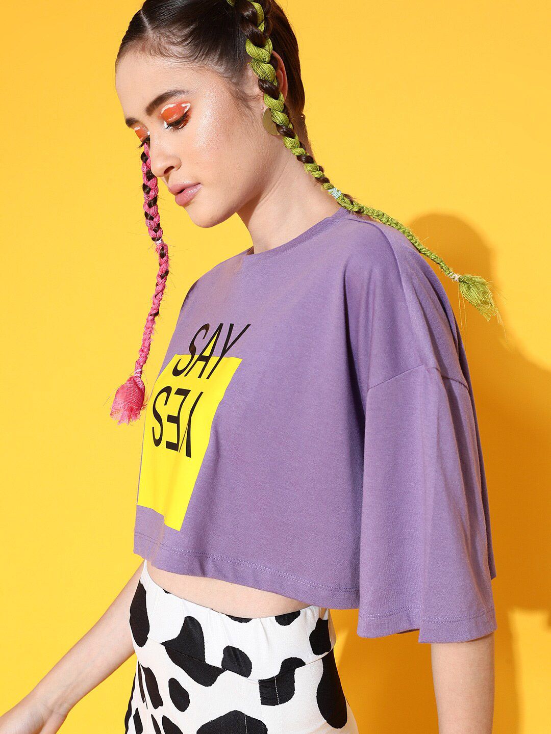 STREET 9 Women Lavender Printed Cotton Drop-Shoulder Sleeves Bio Finish Boxy T-shirt