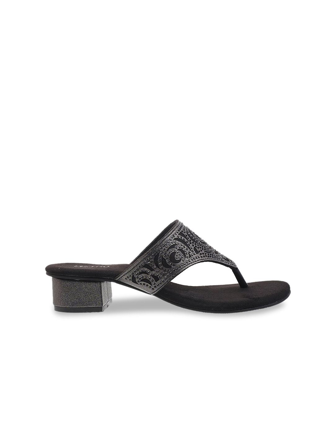 Metro Women Black Embellished Open Toe Block Heels
