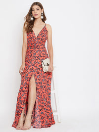 Berrylush Orange Floral Printed Maxi Dress