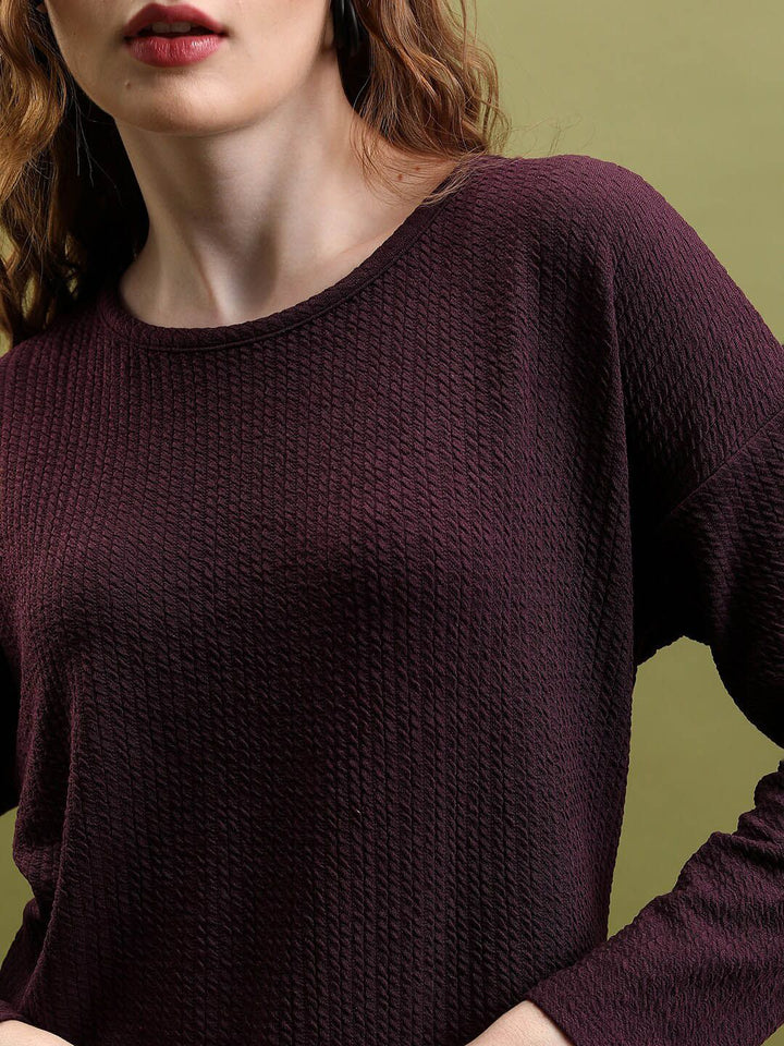 Tokyo Talkies Burgundy Self-Design Round Neck Tunic & Trousers