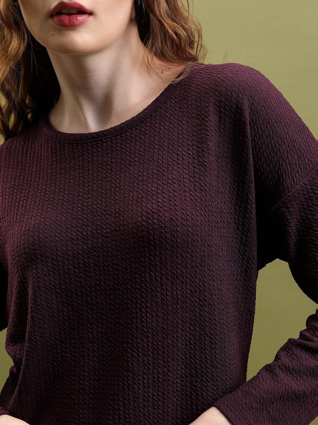 Tokyo Talkies Burgundy Self-Design Round Neck Tunic & Trousers