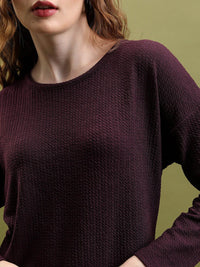 Tokyo Talkies Burgundy Self-Design Round Neck Tunic & Trousers