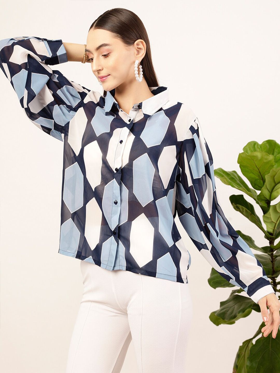 STREET 9 Navy Blue & White Contemporary Geometric Printed Casual Shirt